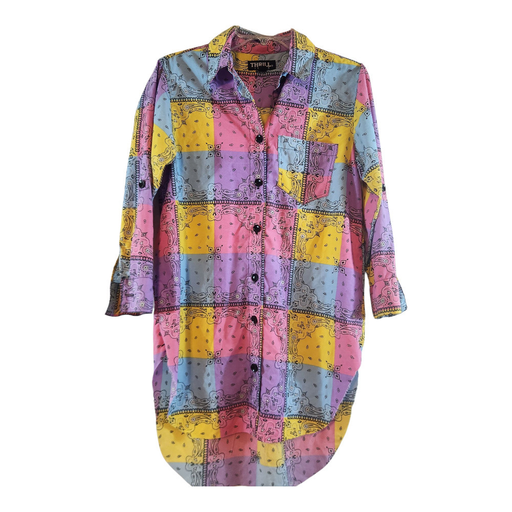 Thrill Jeans sz med womens shirt handkerchief print tunic colorblock raw hem